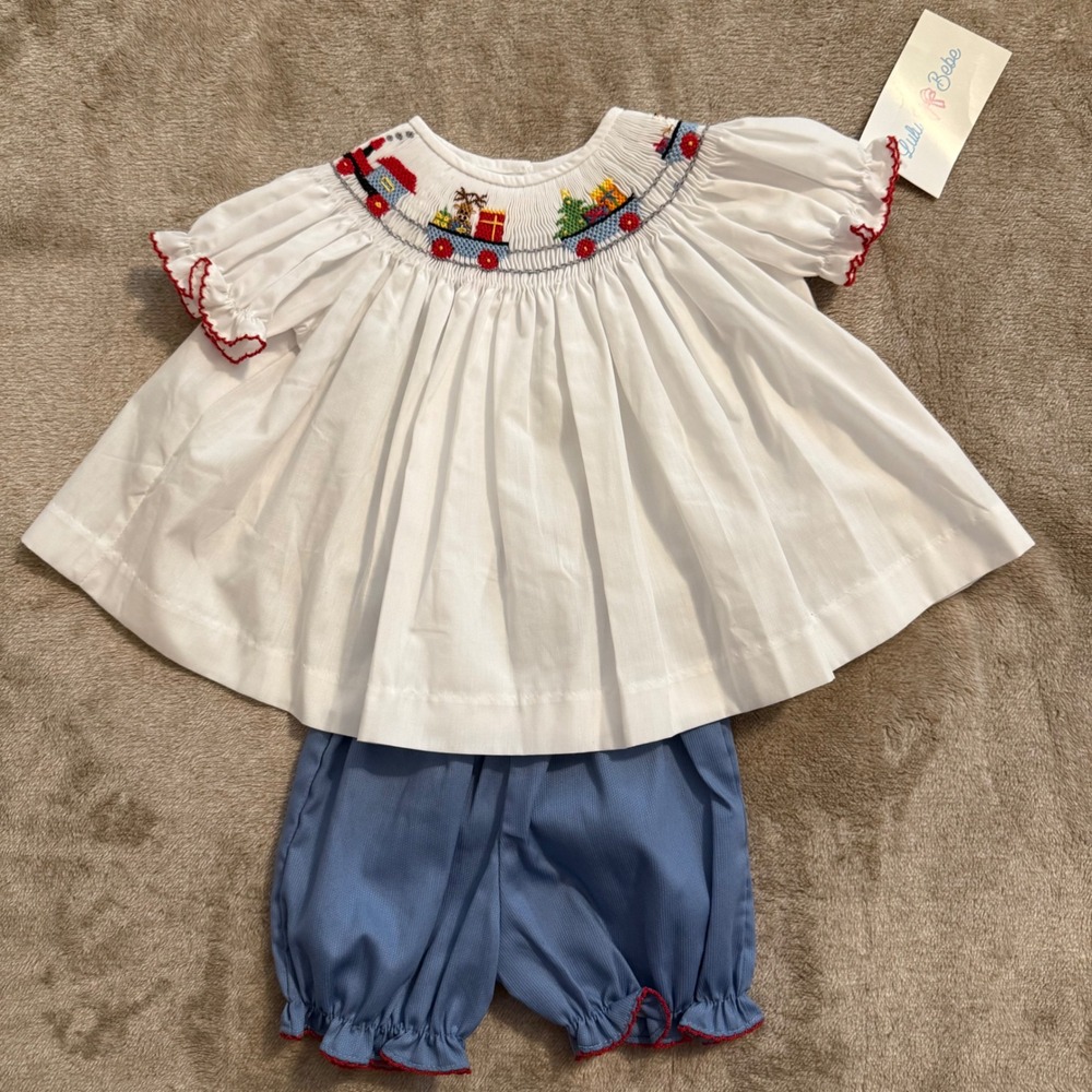 Lulu Bebe Kids Christmas Smocked Train Top and Bloomers Set White Blue 6M